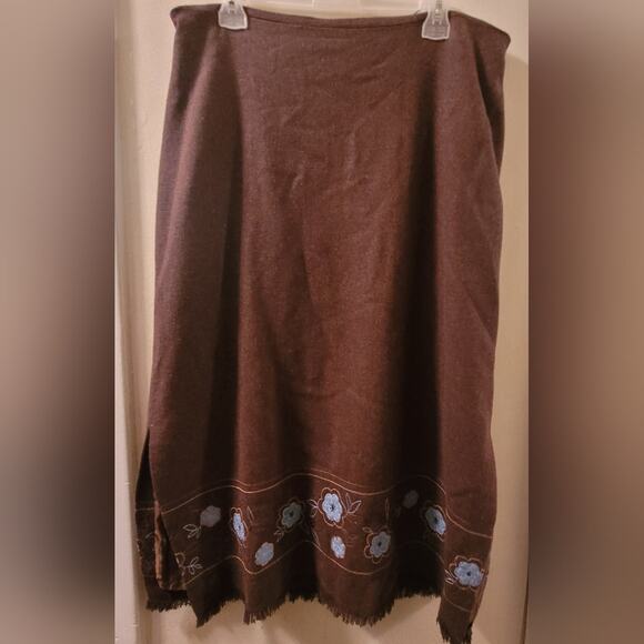 Vintage Wool Blend Floral Embroidered Maxi Skirt Brown W/Powder Blue Flowers 14W - Picture 3 of 8